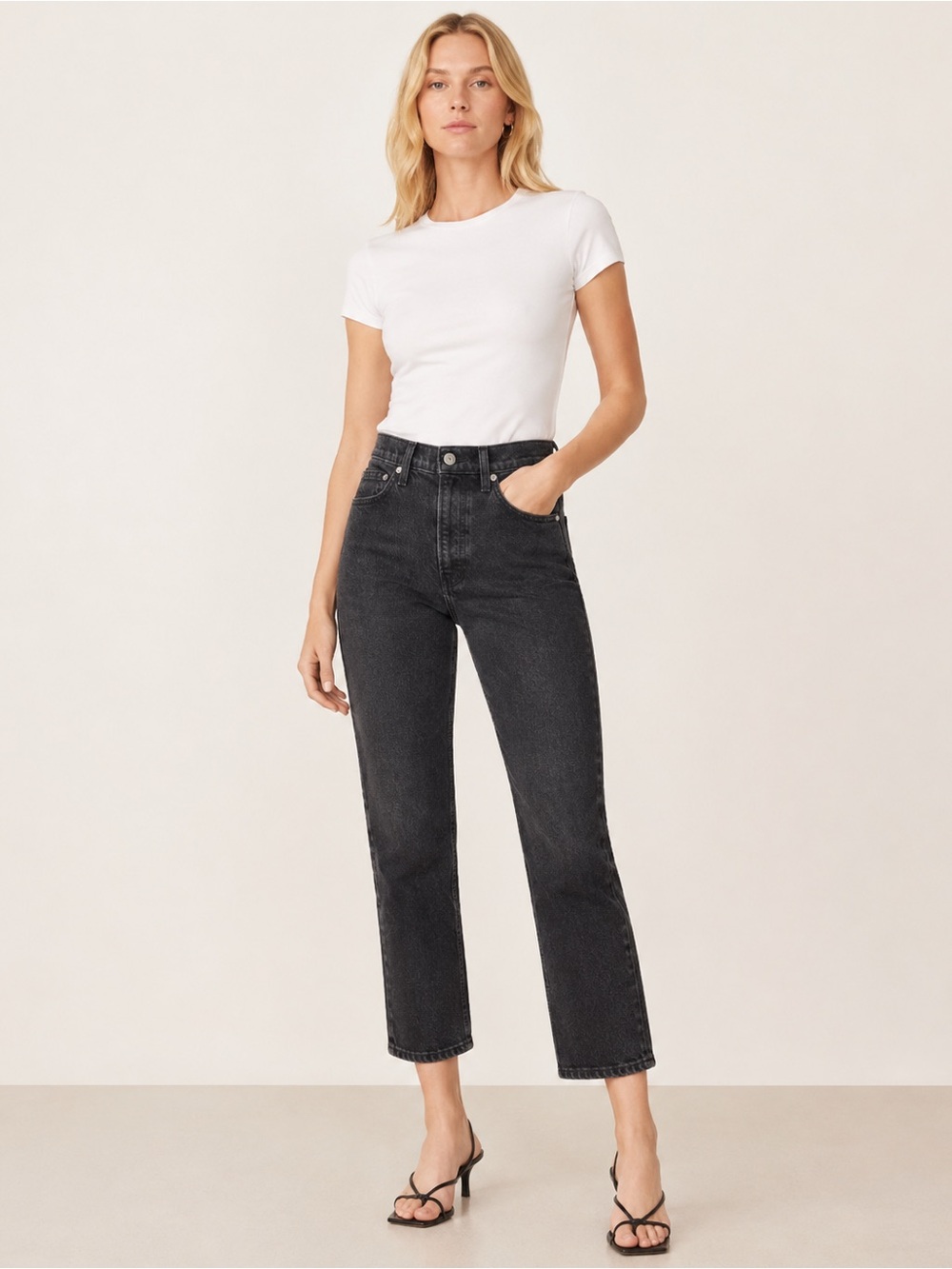 Reformation Liza Faded Black High Rise Straight Cropped Jeans Size 26